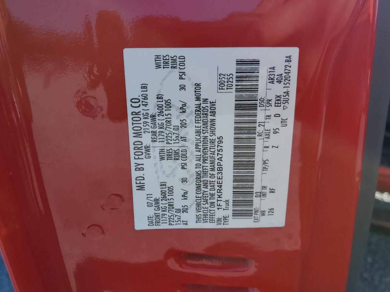 2011 Ford Ranger Super Cab VIN: 1FTKR4EE3BPA75795 Lot: 71779755