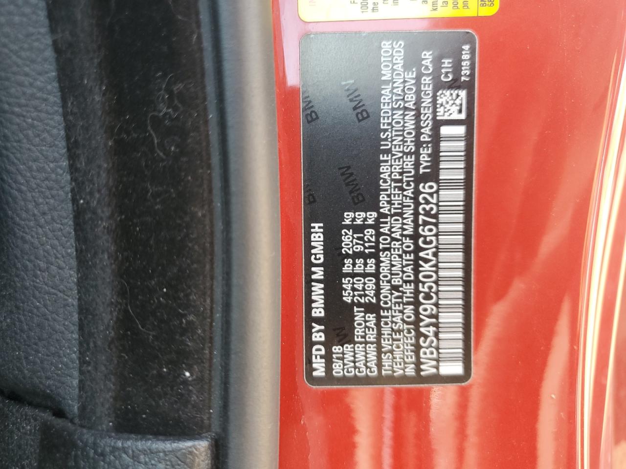 2019 BMW M4 VIN: WBS4Y9C50KAG67326 Lot: 81308995