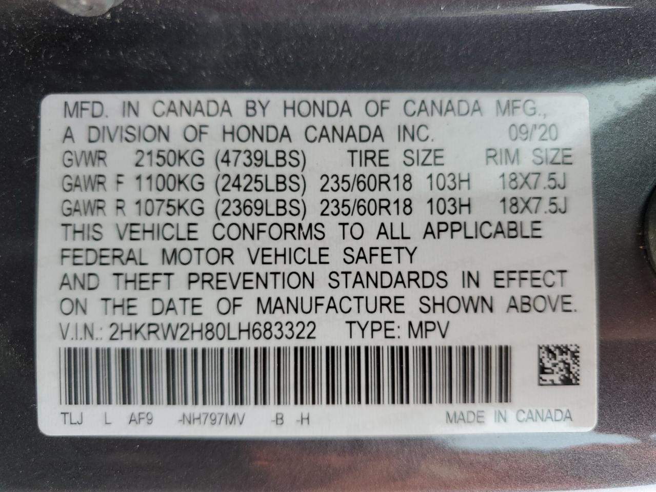 2020 Honda Cr-V Exl VIN: 2HKRW2H80LH683322 Lot: 81396035