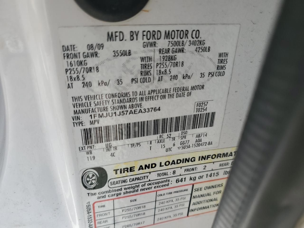 2010 Ford Expedition Eddie Bauer VIN: 1FMJU1J57AEA33764 Lot: 81876965