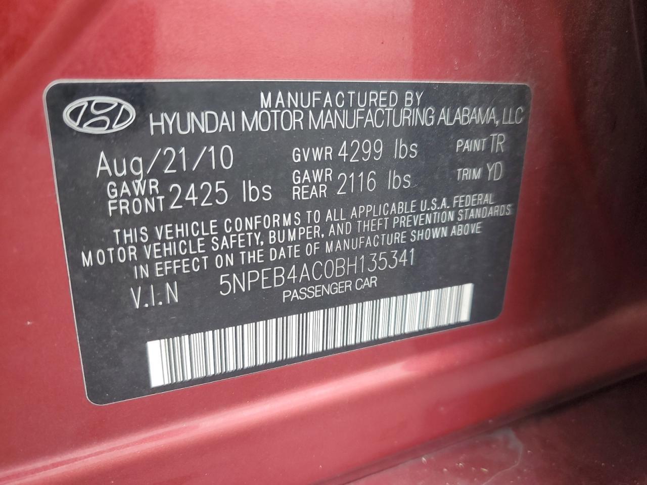 2011 Hyundai Sonata Gls VIN: 5NPEB4AC0BH135341 Lot: 81412155