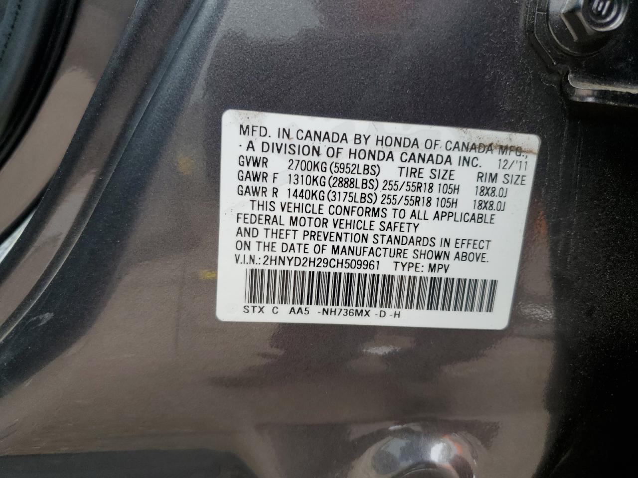 2012 Acura Mdx VIN: 2HNYD2H29CH509961 Lot: 80725035