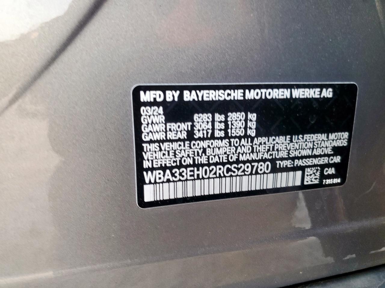 2024 BMW 740 Xi VIN: WBA33EH02RCS29780 Lot: 80161625