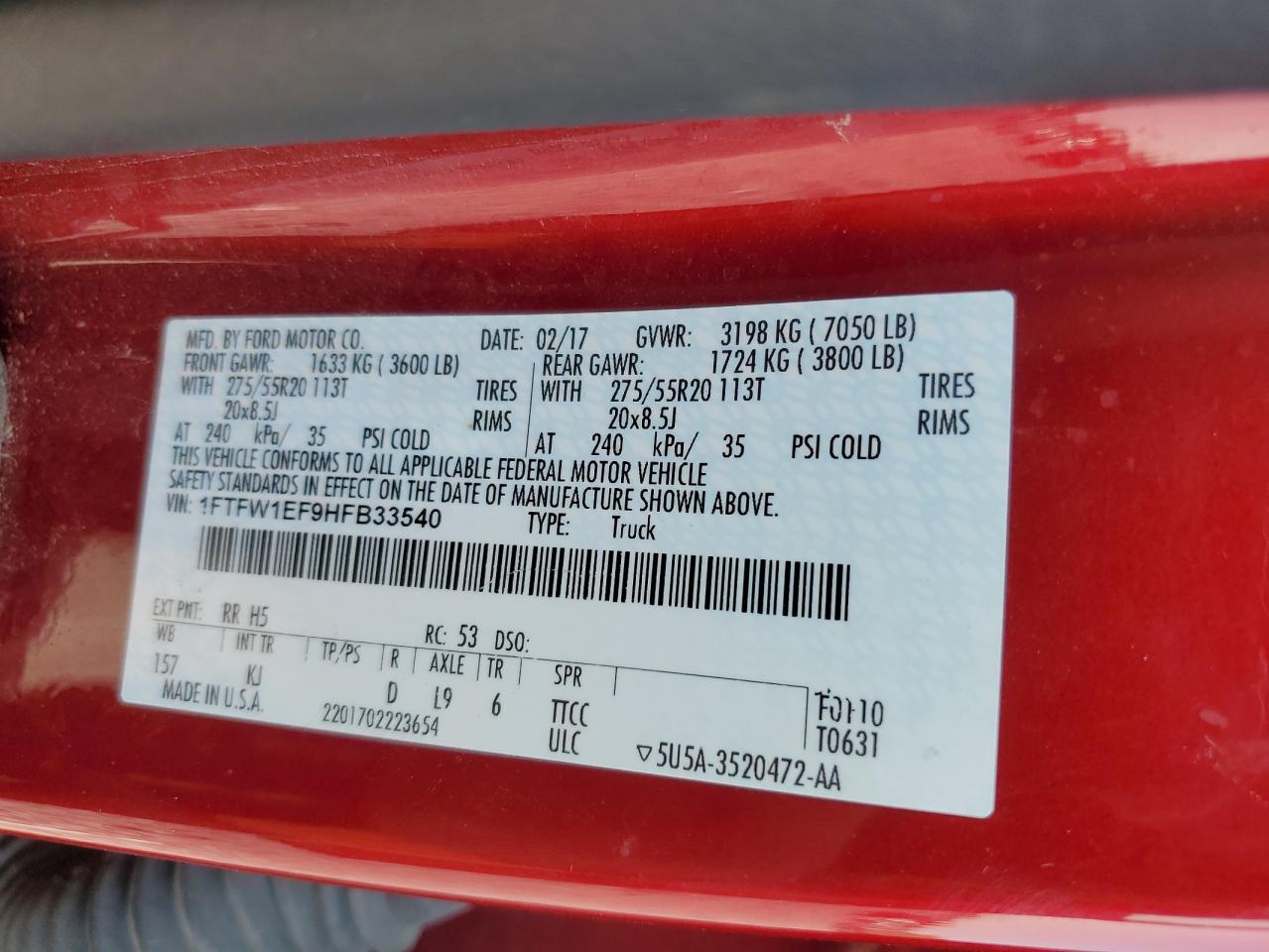 2017 Ford F150 Supercrew VIN: 1FTFW1EF9HFB33540 Lot: 80288795