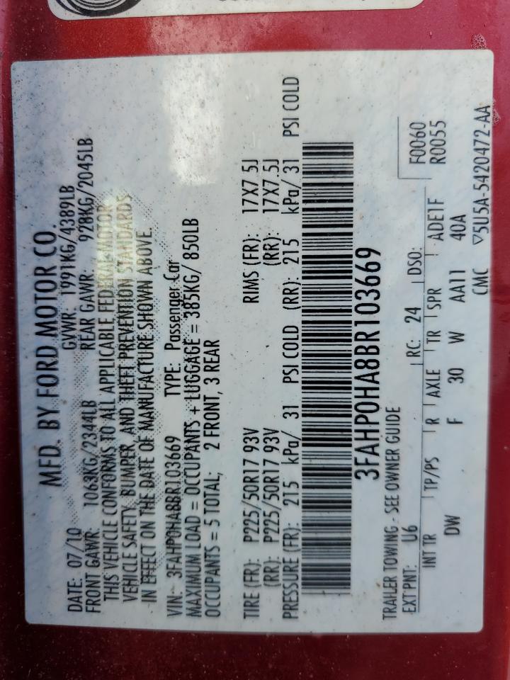 2011 Ford Fusion Se VIN: 3FAHP0HA8BR103669 Lot: 81251355