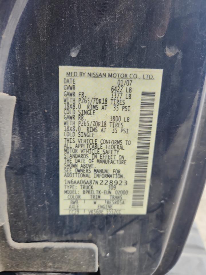 2007 Nissan Titan Xe VIN: 1N6AA06A87N228923 Lot: 80694055