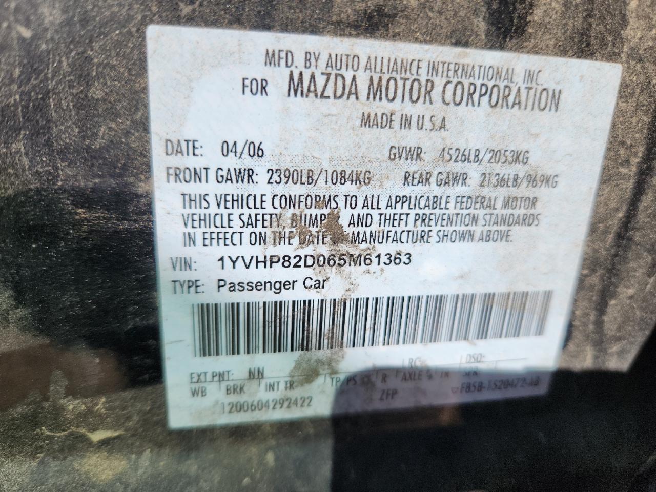 2006 Mazda 6 S VIN: 1YVHP82D065M61363 Lot: 80921605