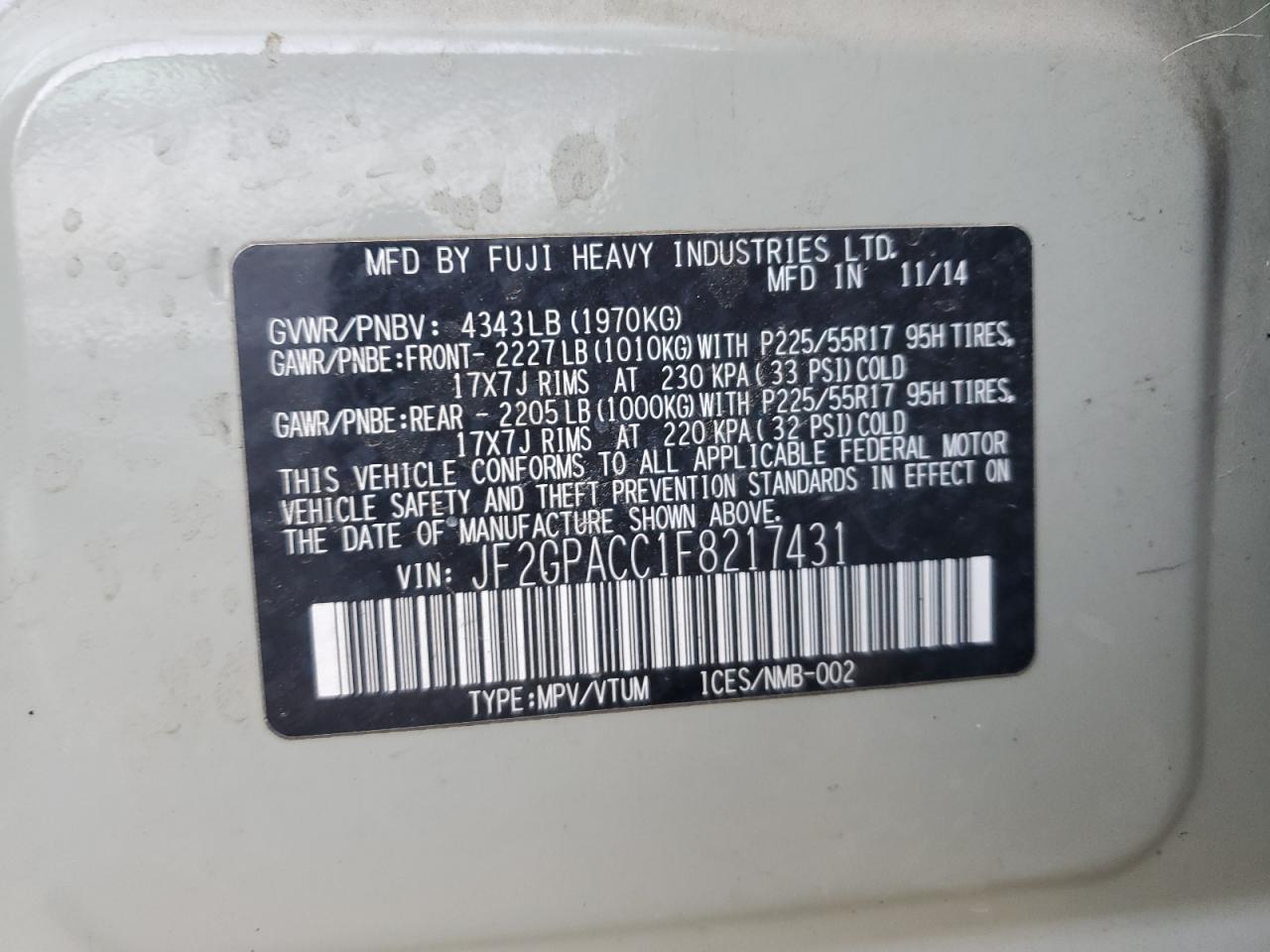 2015 Subaru Xv Crosstrek 2.0 Premium VIN: JF2GPACC1F8217431 Lot: 84234345