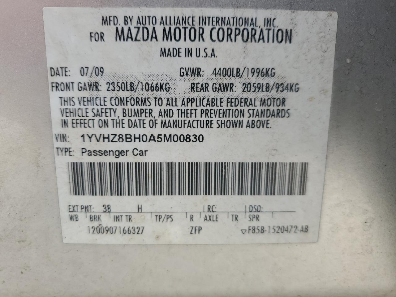 2010 Mazda 6 I VIN: 1YVHZ8BH0A5M00830 Lot: 71246785