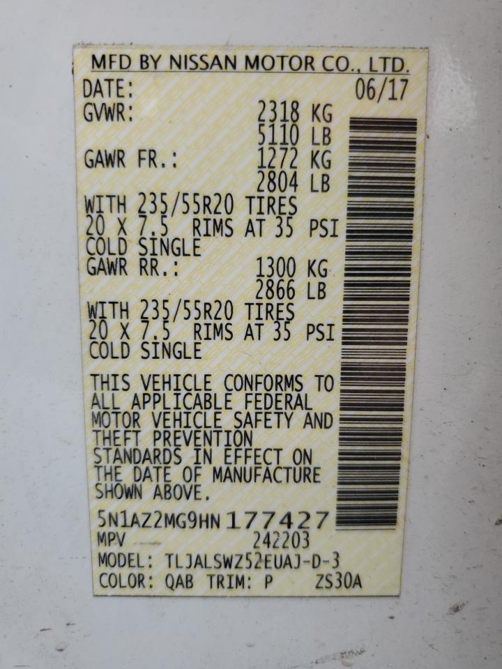 2017 Nissan Murano S VIN: 5N1AZ2MG9HN177427 Lot: 71907035