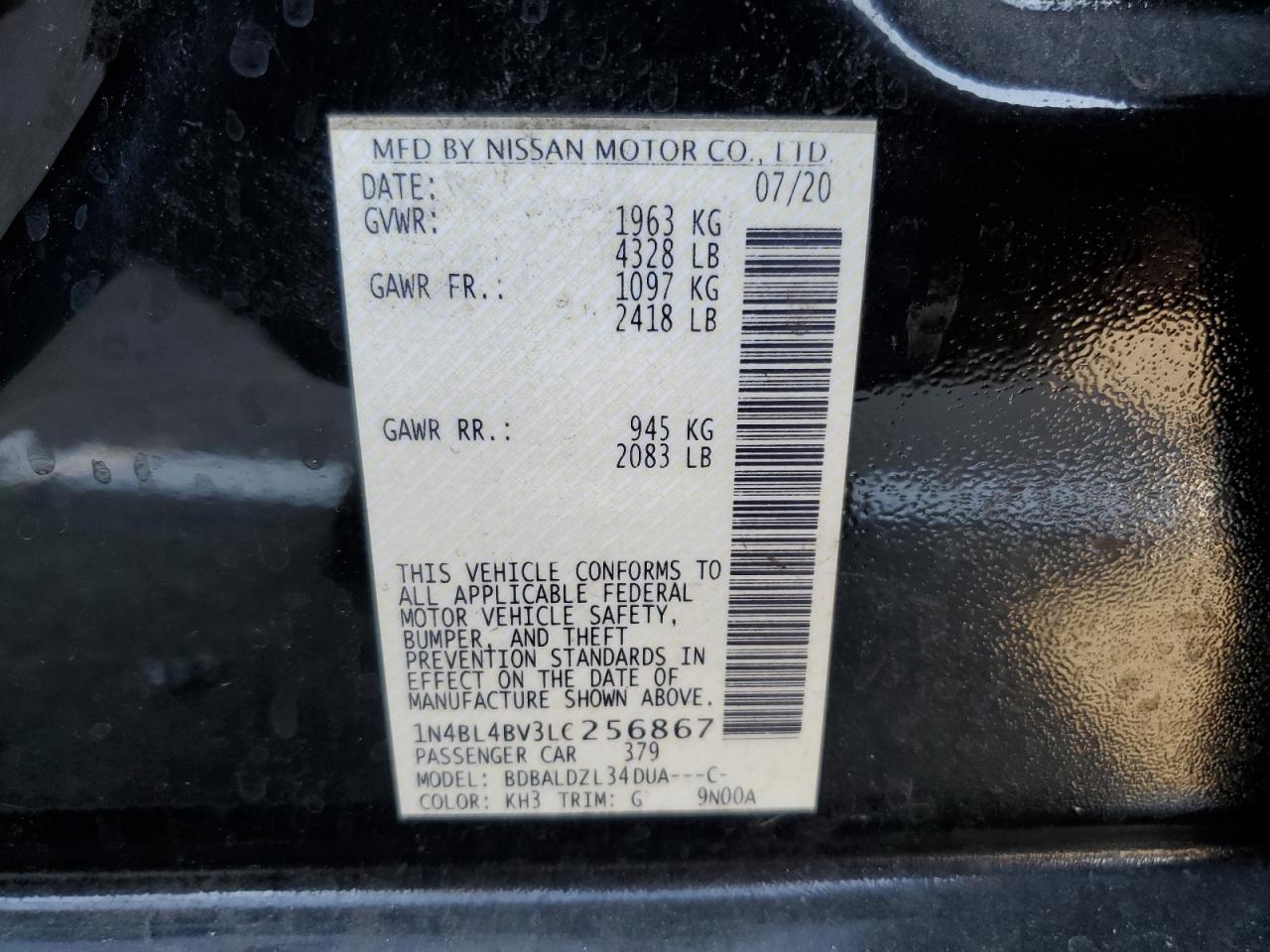 2020 Nissan Altima S VIN: 1N4BL4BV3LC256867 Lot: 80480575
