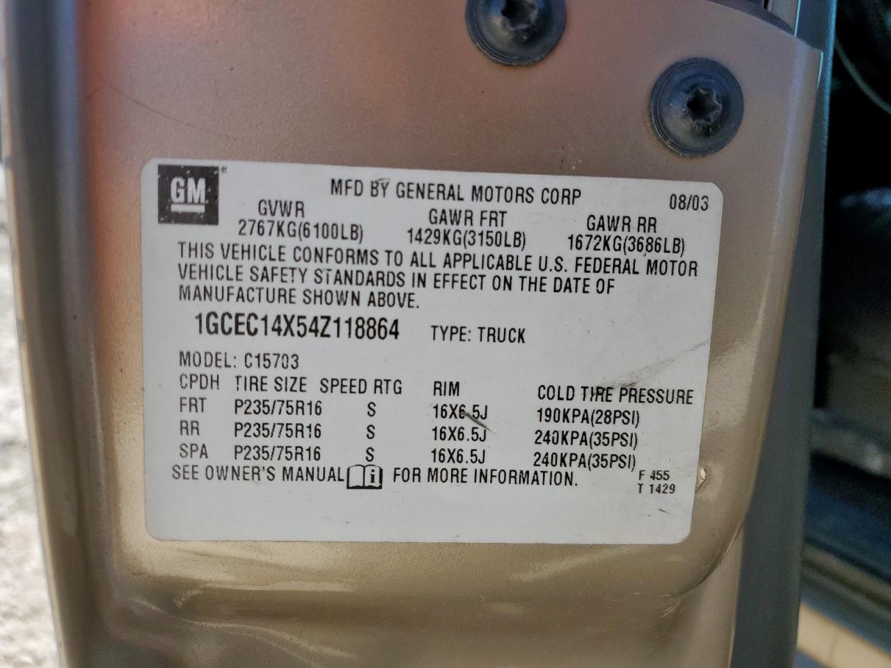 2004 Chevrolet Silverado C1500 VIN: 1GCEC14X54Z118864 Lot: 81513555