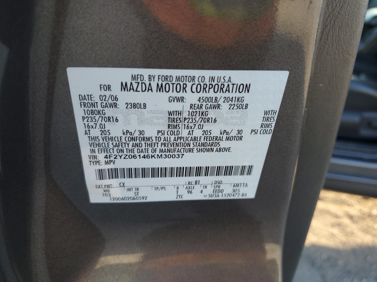 2006 Mazda Tribute S VIN: 4F2YZ06146KM30037 Lot: 81917125