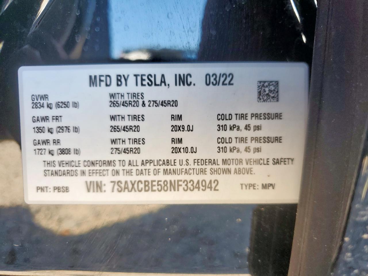 2022 Tesla Model X VIN: 7SAXCBE58NF334942 Lot: 87380245