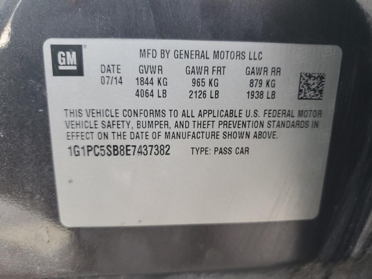 2014 Chevrolet Cruze Lt VIN: 1G1PC5SB8E7437382 Lot: 80629095