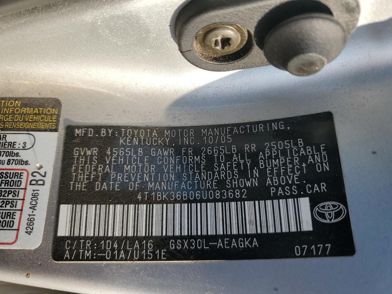 2006 Toyota Avalon Xl VIN: 4T1BK36B06U083682 Lot: 85863225