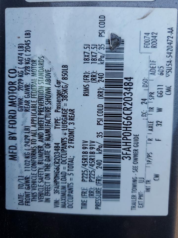 2012 Ford Fusion Se VIN: 3FAHP0HG6CR203484 Lot: 84542405