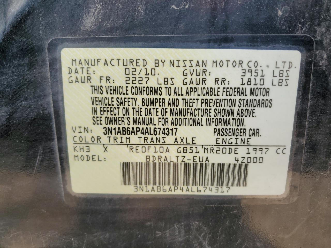 2010 Nissan Sentra 2.0 VIN: 3N1AB6AP4AL674317 Lot: 80918685