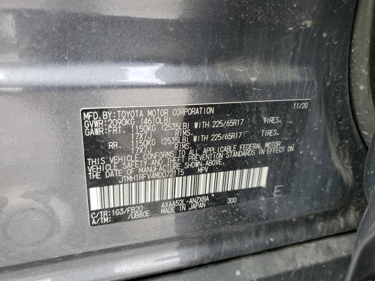2021 Toyota Rav4 Le VIN: JTMH1RFV4MD072115 Lot: 71788135