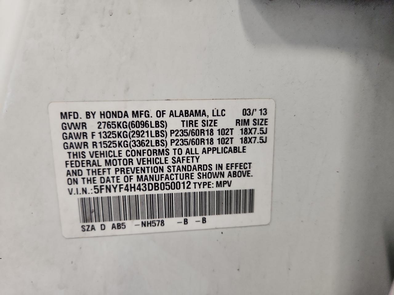 2013 Honda Pilot Ex VIN: 5FNYF4H43DB050012 Lot: 82083695