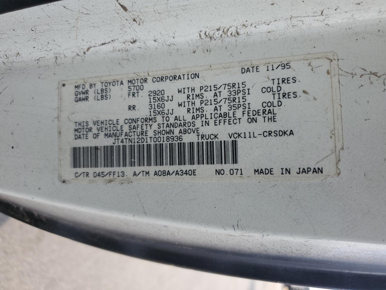 1996 Toyota T100 Xtracab VIN: JT4TN12D1T0018936 Lot: 83990755