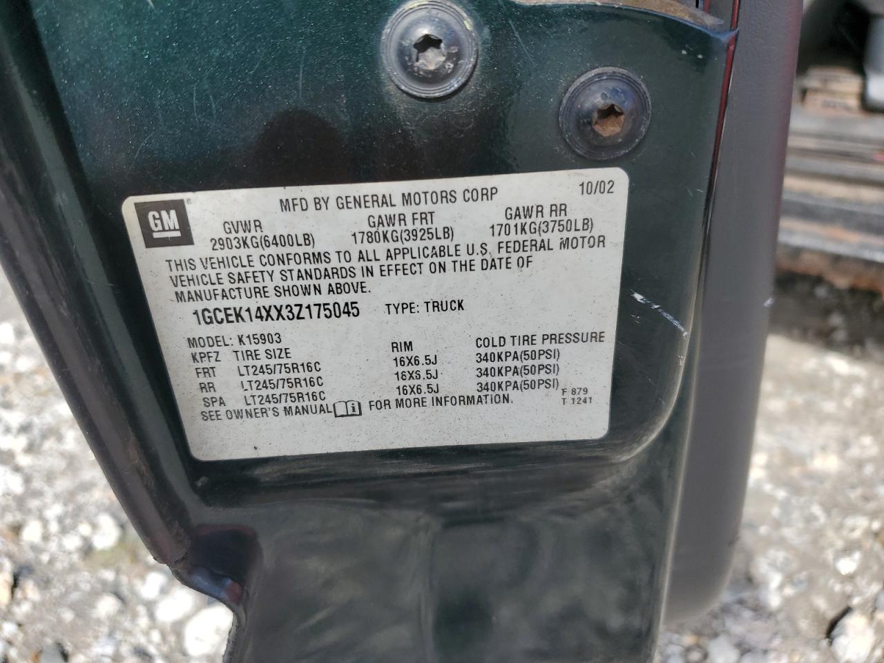 2003 Chevrolet Silverado K1500 VIN: 1GCEK14XX3Z175045 Lot: 81852525