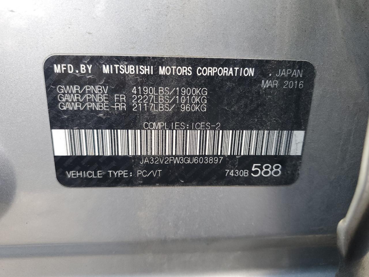 2016 Mitsubishi Lancer Es VIN: JA32V2FW3GU603897 Lot: 84726965