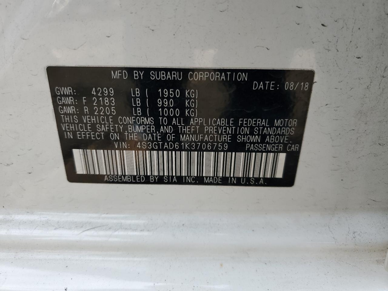 2019 Subaru Impreza Premium VIN: 4S3GTAD61K3706759 Lot: 81512825