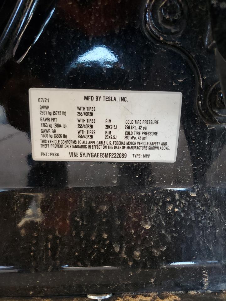 2021 Tesla Model Y VIN: 5YJYGAEE5MF232089 Lot: 80365315