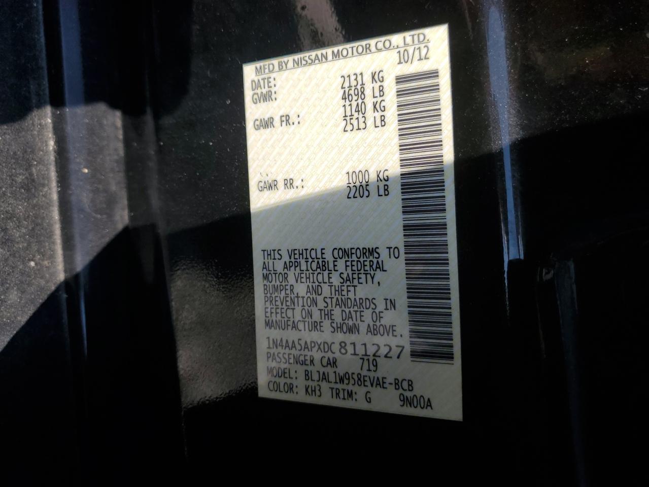 2013 Nissan Maxima S VIN: 1N4AA5APXDC811227 Lot: 72053085