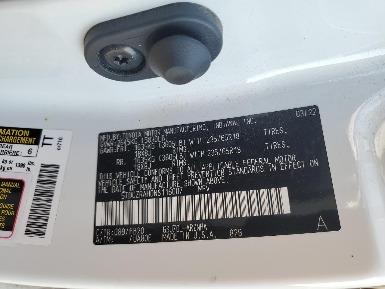 2022 Toyota Highlander L VIN: 5TDCZRAH0NS116007 Lot: 84037765