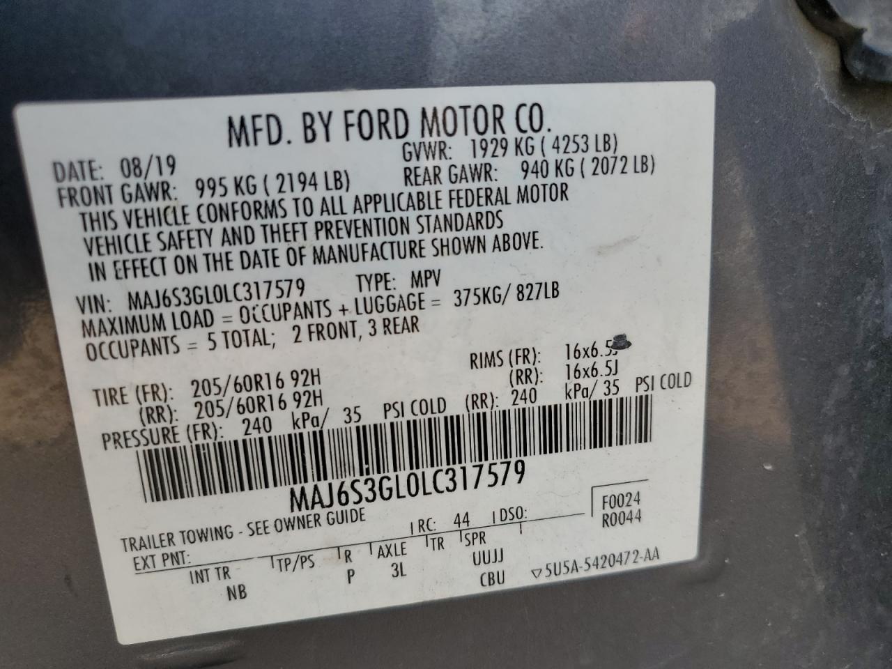 2020 Ford Ecosport Se VIN: MAJ6S3GL0LC317579 Lot: 81421785