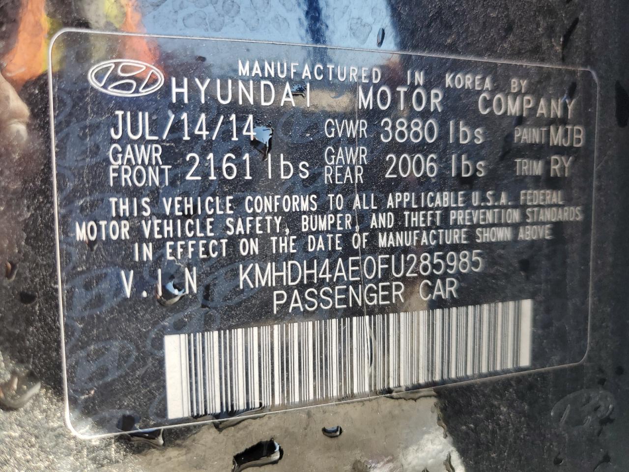 2015 Hyundai Elantra Se VIN: KMHDH4AE0FU285985 Lot: 80125975