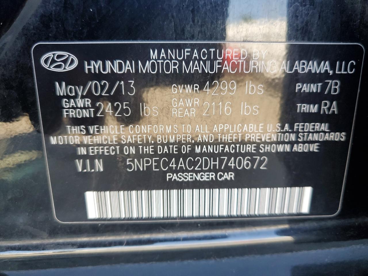 2013 Hyundai Sonata Se VIN: 5NPEC4AC2DH740672 Lot: 81866175