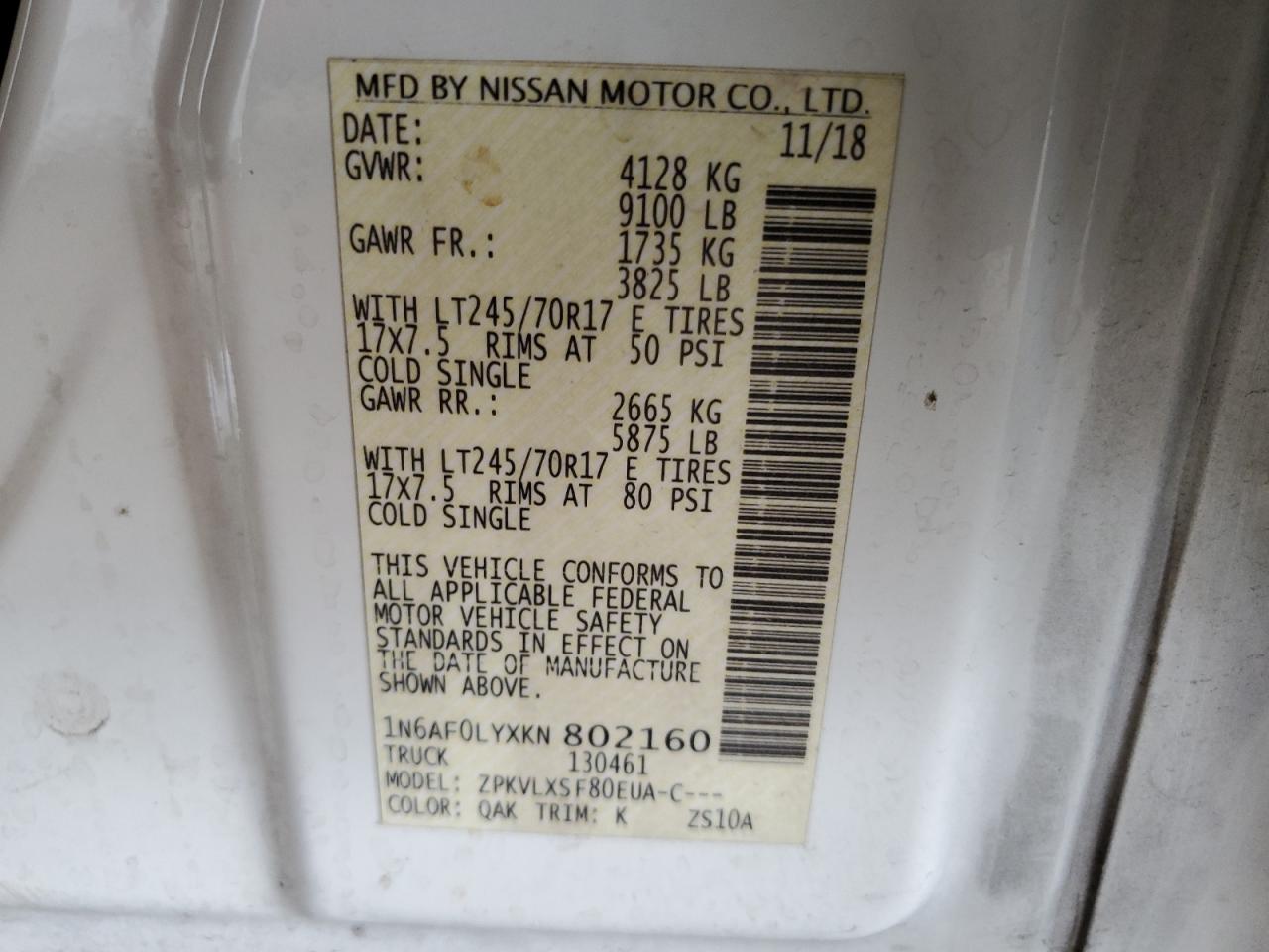 2019 Nissan Nv 2500 S VIN: 1N6AF0LYXKN802160 Lot: 80585525