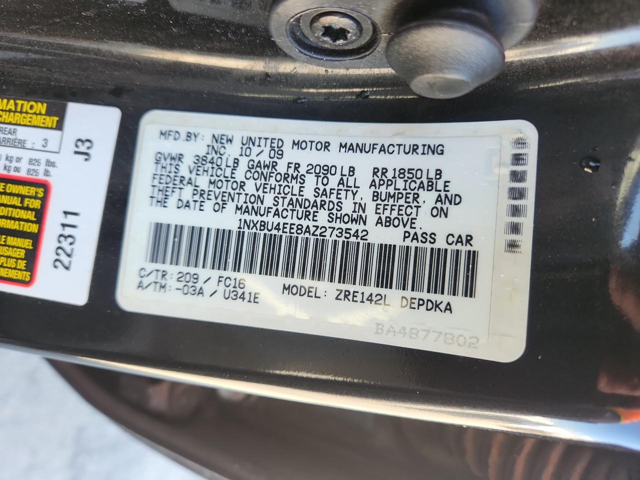 2010 Toyota Corolla Base VIN: 1NXBU4EE8AZ273542 Lot: 81620195
