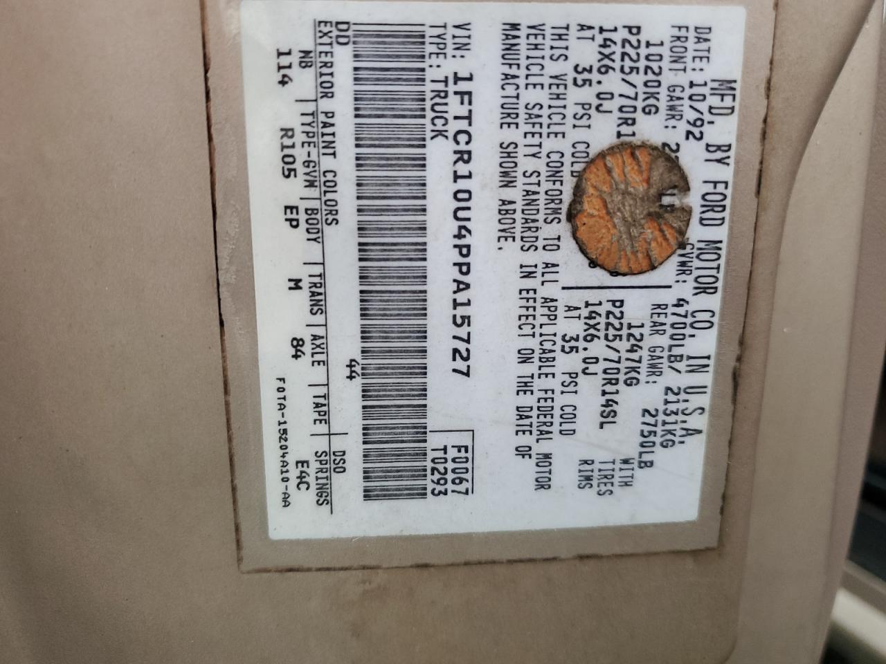 1993 Ford Ranger VIN: 1FTCR10U4PPA15727 Lot: 81790865