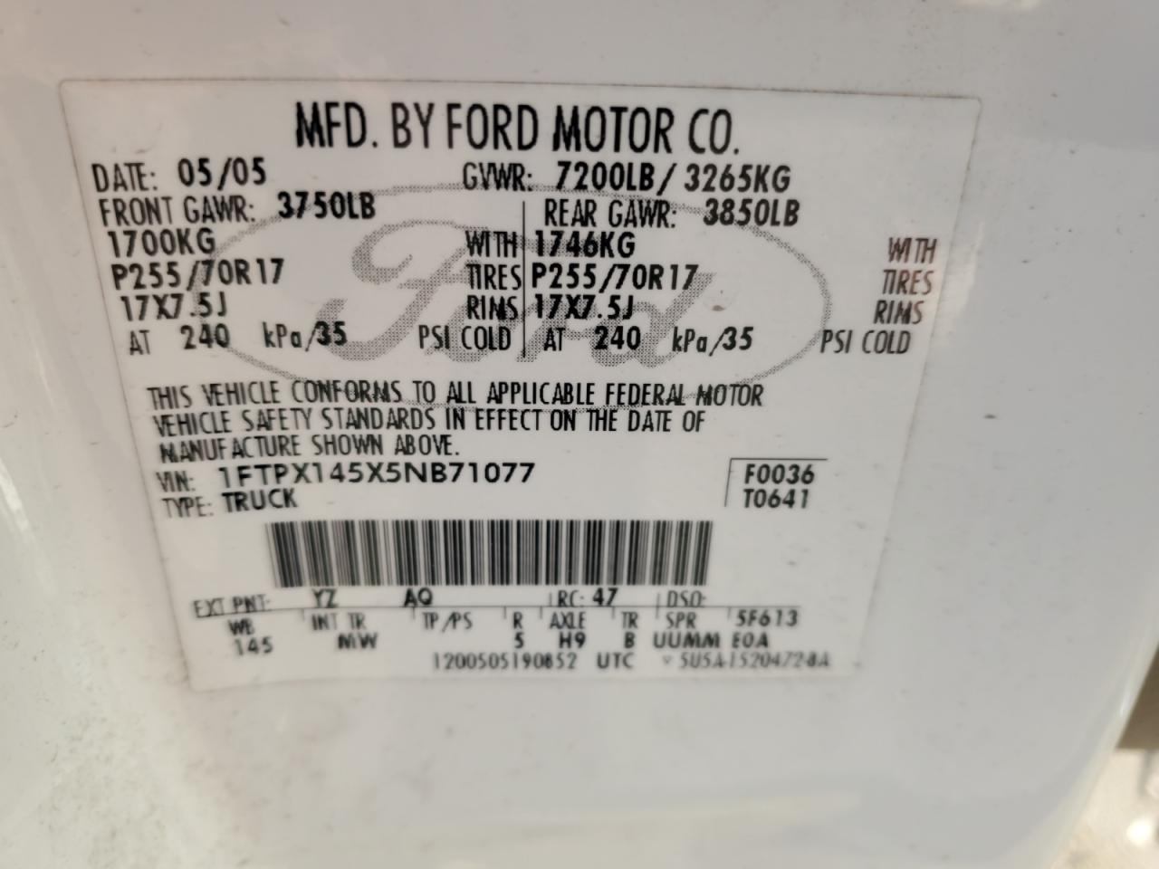 2005 Ford F150 VIN: 1FTPX145X5NB71077 Lot: 71814185