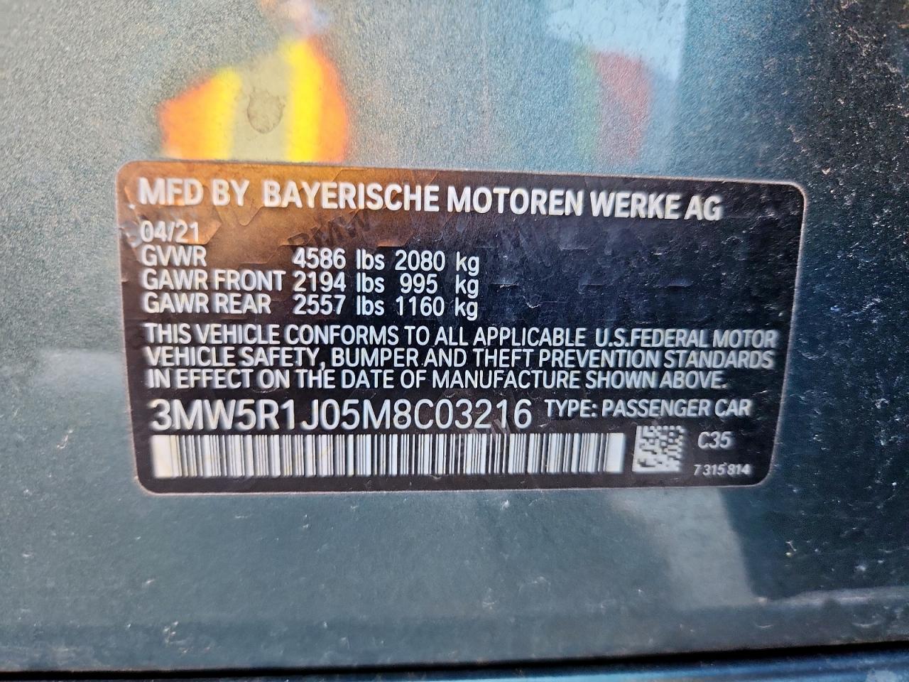 2021 BMW 330I VIN: 3MW5R1J05M8C03216 Lot: 70726725