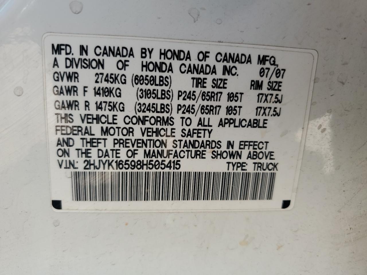 2008 Honda Ridgeline Rtl VIN: 2HJYK16598H505415 Lot: 84805205