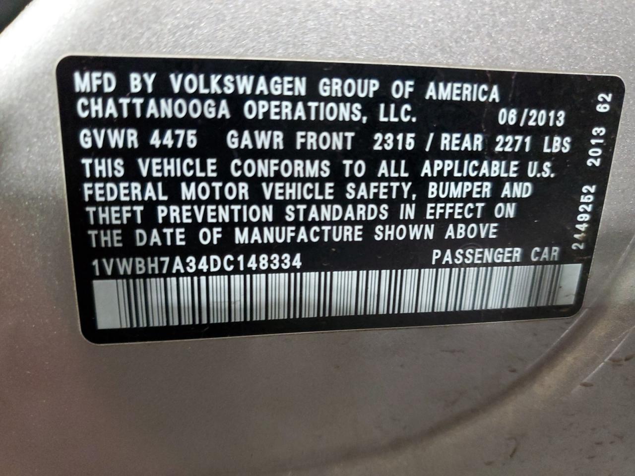 2013 Volkswagen Passat Se VIN: 1VWBH7A34DC148334 Lot: 84023495