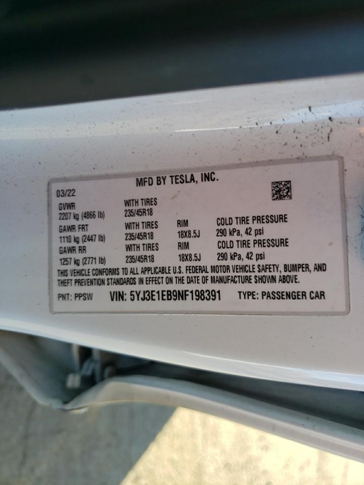 2022 Tesla Model 3 VIN: 5YJ3E1EB9NF198391 Lot: 84250375