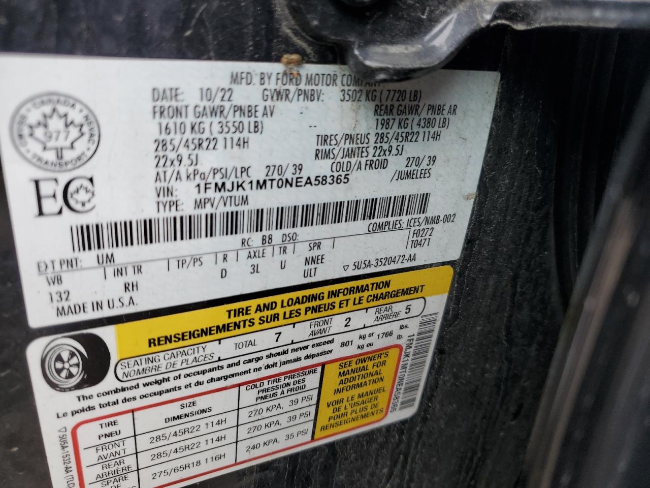 2022 Ford Expedition Max Platinum VIN: 1FMJK1MT0NEA58365 Lot: 81136175