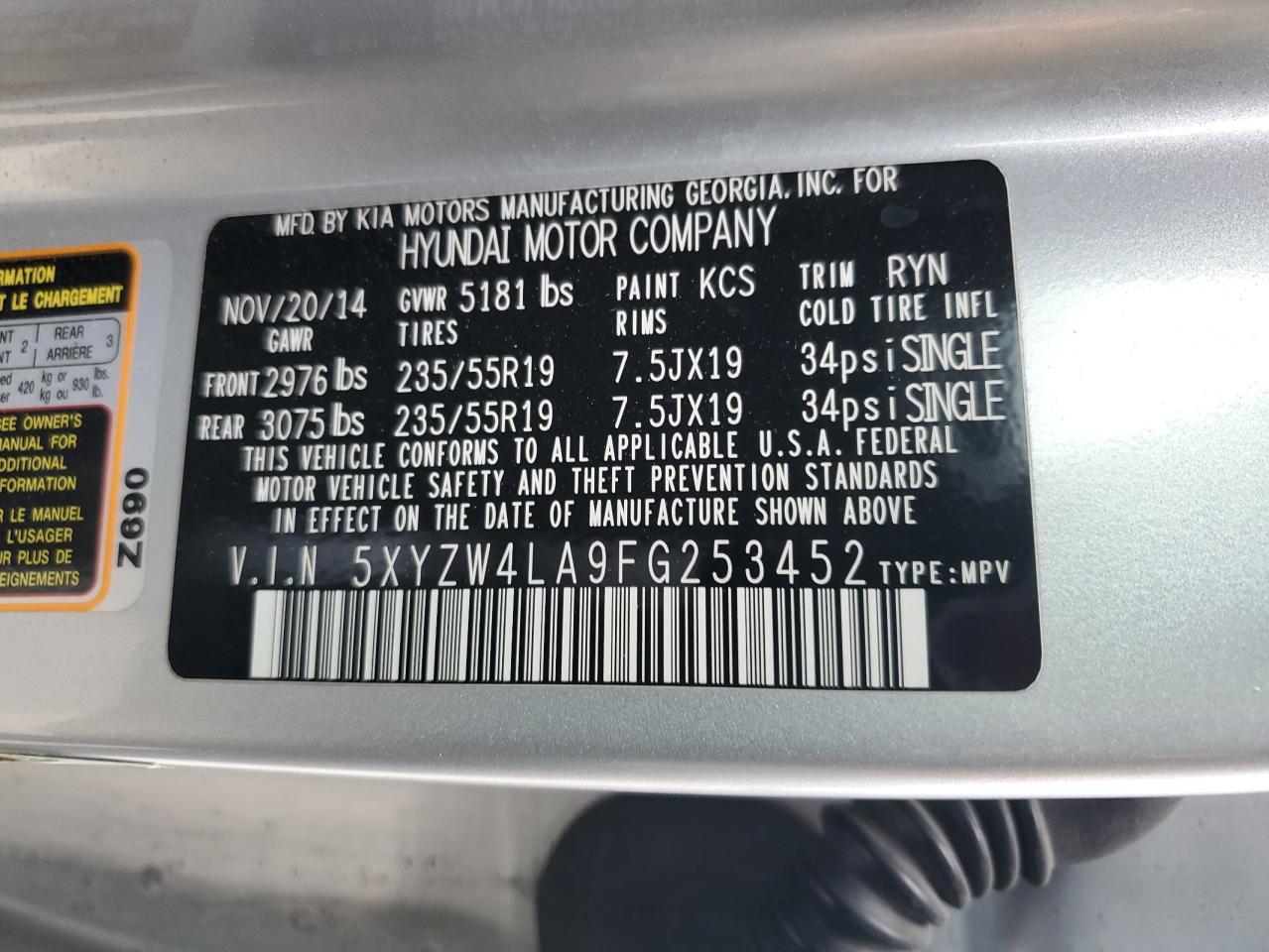 2015 Hyundai Santa Fe Sport VIN: 5XYZW4LA9FG253452 Lot: 81270215