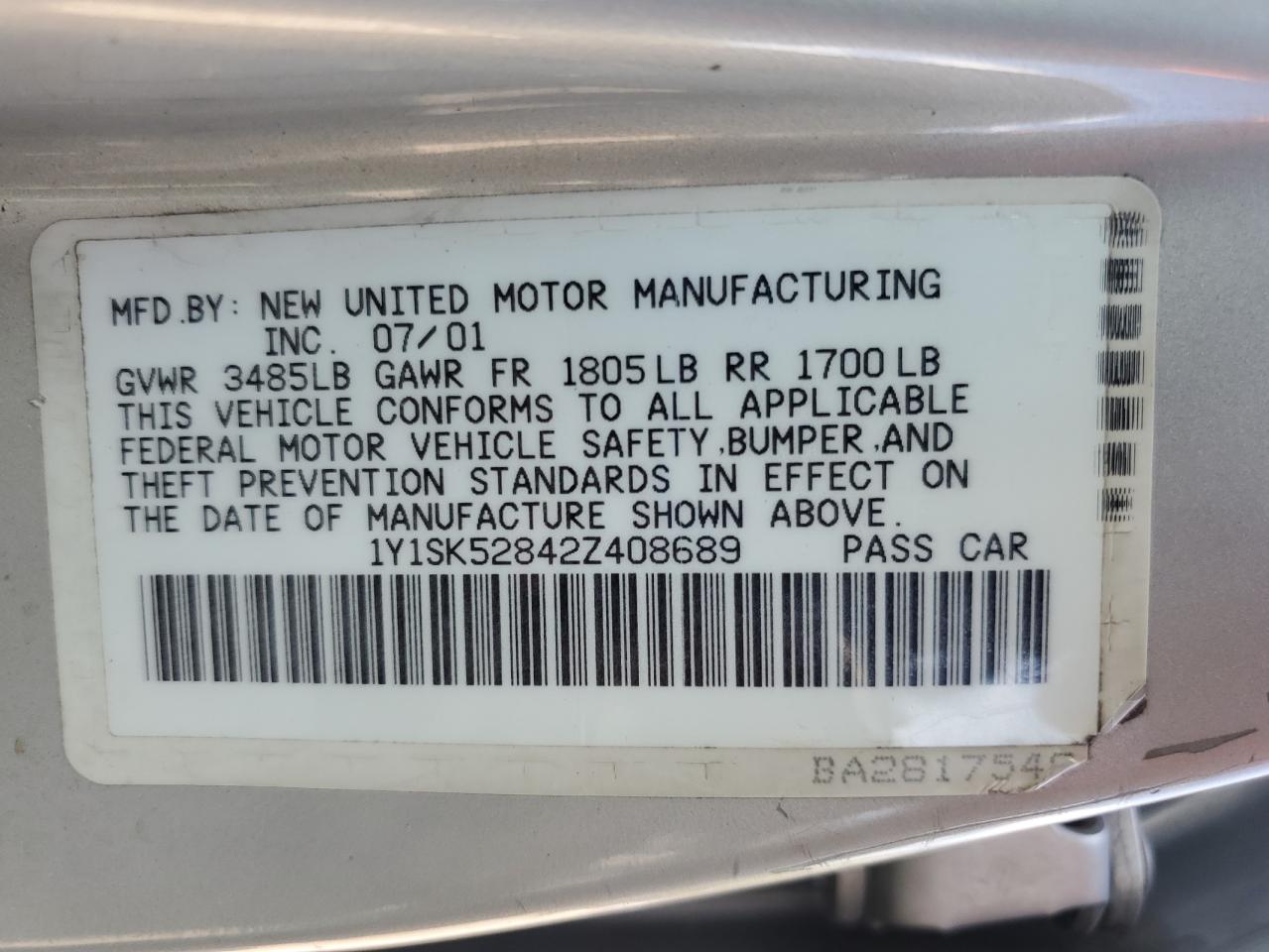 2002 Chevrolet Geo Prizm Base VIN: 1Y1SK52842Z408689 Lot: 80474435