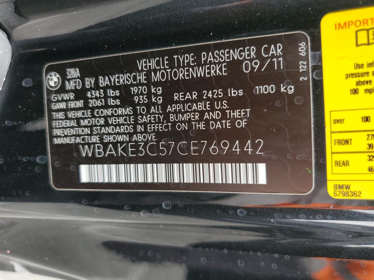 2012 BMW 328 I VIN: WBAKE3C57CE769442 Lot: 82152975