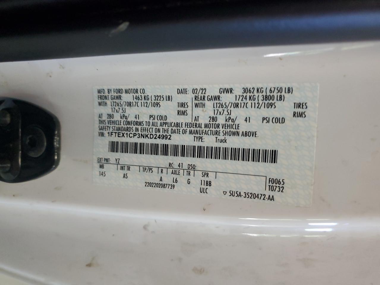 2022 Ford F150 Super Cab VIN: 1FTEX1CP3NKD24992 Lot: 81434985