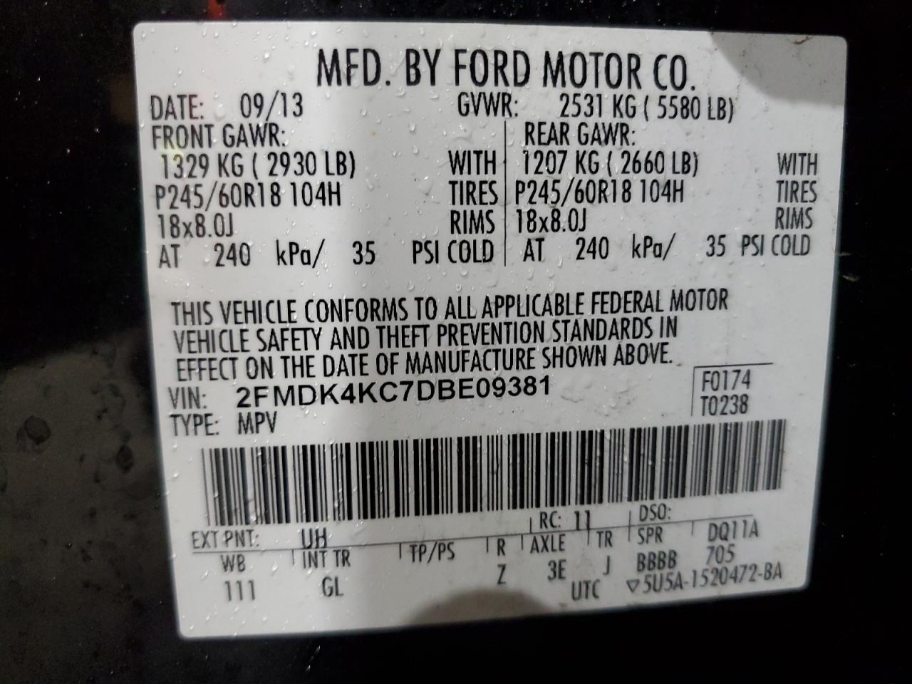 2013 Ford Edge Limited VIN: 2FMDK4KC7DBE09381 Lot: 80659505