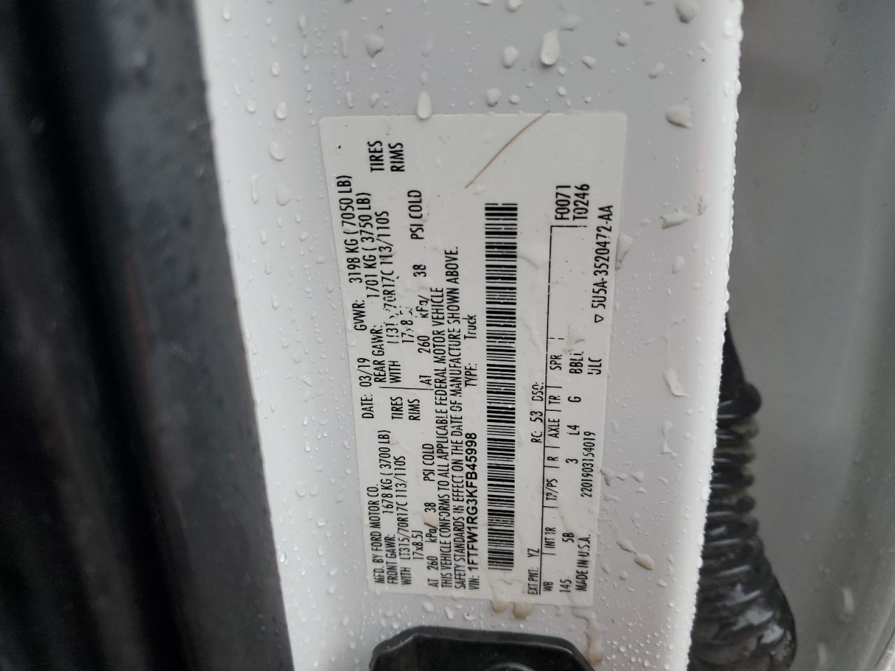 2019 Ford F150 Raptor VIN: 1FTFW1RG3KFB45998 Lot: 80753815