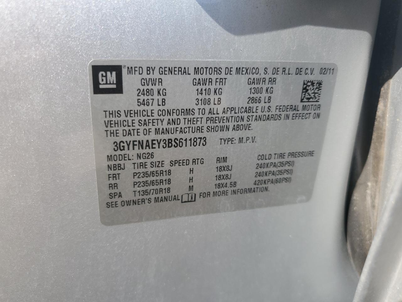 2011 Cadillac Srx Luxury Collection VIN: 3GYFNAEY3BS611873 Lot: 84187295